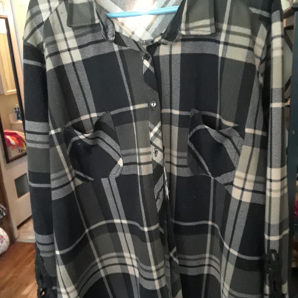 Plaid fuzzy button up with lace detail